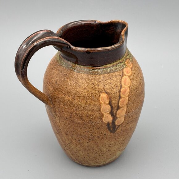 Vintage Studio Pottery Pitcher with Brown Speckled Glaze Botanical Design - Picture 5 of 8